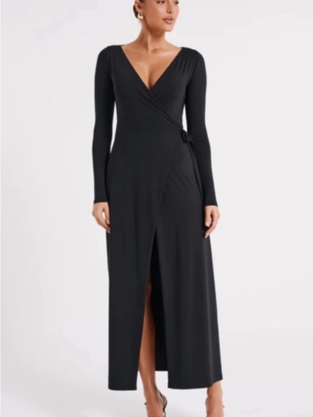 NWOT Meshki Gillian Recycled Nylon Wrap Maxi Dress with long sleeves, XXS